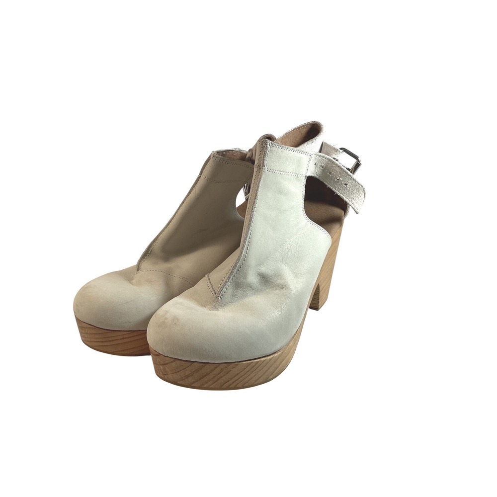 Free People White Leather Wooden Platform Clog Boots Ankle Buckle Strap Size 9.5